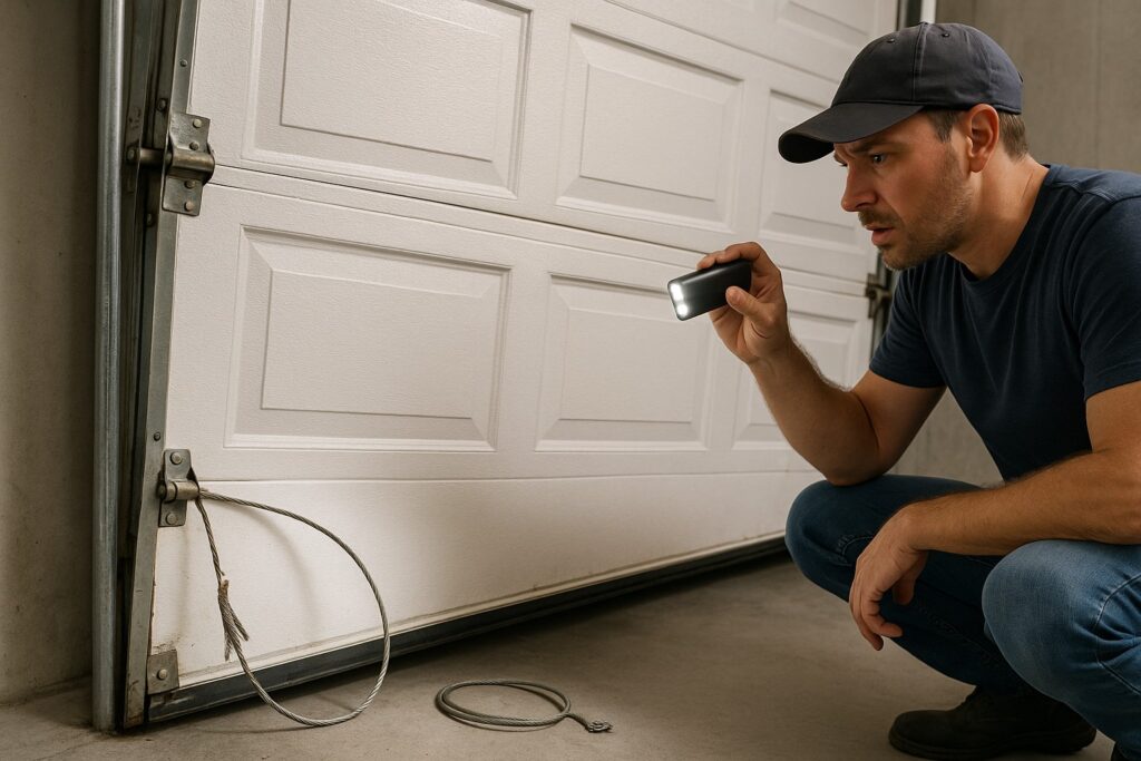 Emergency Garage Door Repair in Texas vs Preventive Maintenance: Know the Difference 2 Technician inspecting a snapped garage door cable with flashlight, assessing the need for emergency garage door repair.