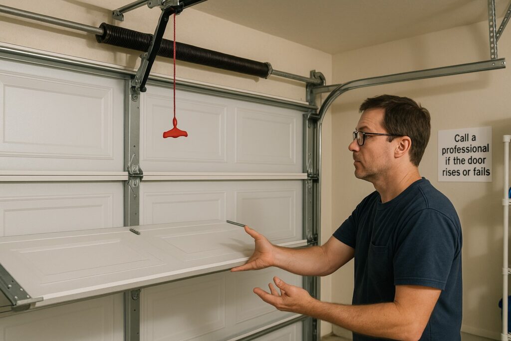 Emergency Garage Door Repair in Texas vs Preventive Maintenance: Know the Difference 3 Homeowner performing a garage door balance test, checking for issues that may require emergency garage door repair.