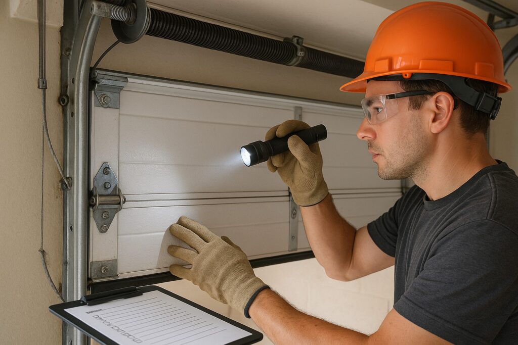 Preventative Garage Door Maintenance: Save Money, Avoid Hassle 2 Technician performing garage door maintenance by inspecting panels, hinges, and torsion springs with a flashlight and checklist to ensure safety and functionality