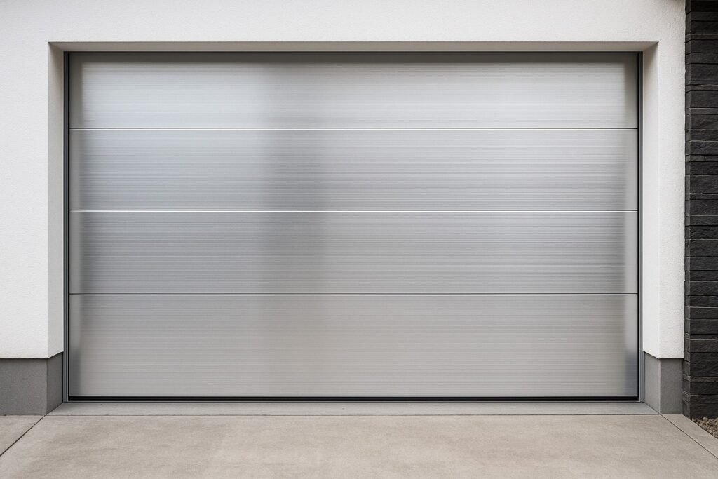 Choosing the Right Material for Your New Garage Door: Wood, Steel, or Aluminum? 3 Sleek new garage door made of brushed aluminum panels, showcasing a modern and minimalist design on a contemporary home exterior.