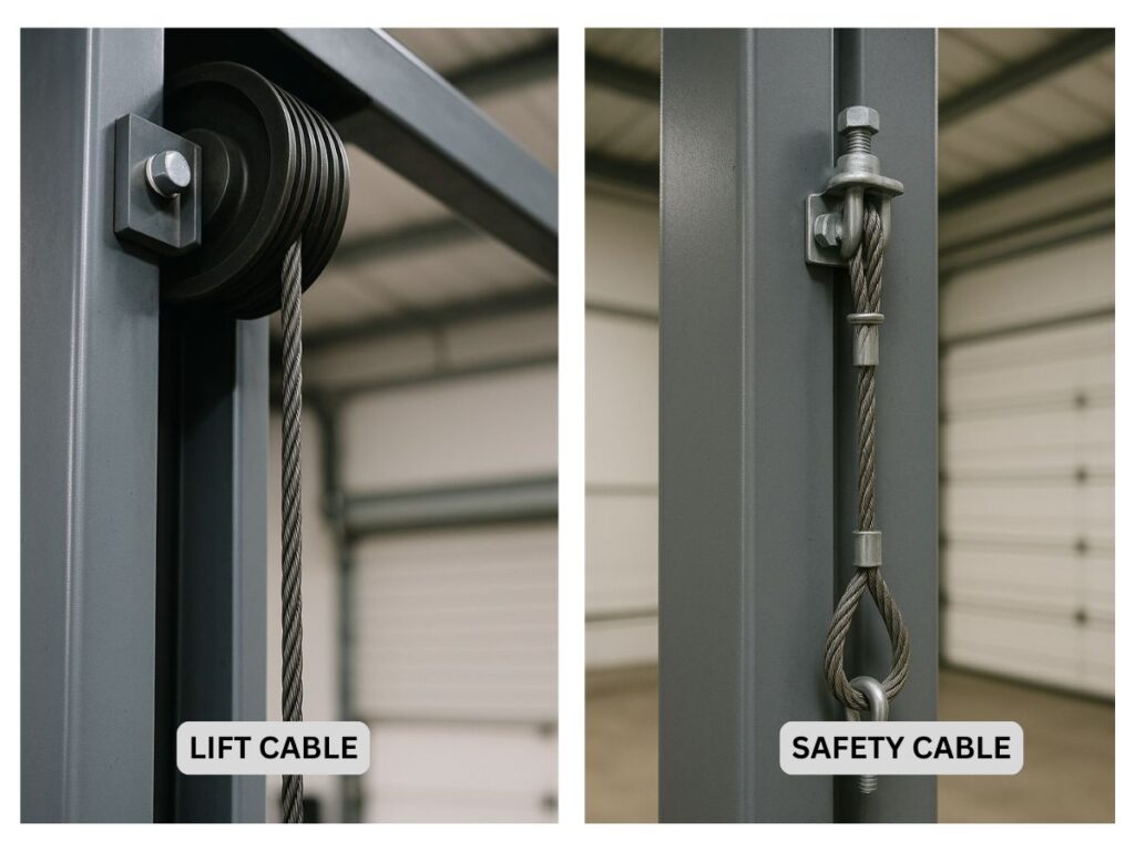 The Risks of Delaying Garage Door Cable Replacement 2 Comparison of a garage door lift cable and safety cable, both key components in safe and effective garage door cable replacement.