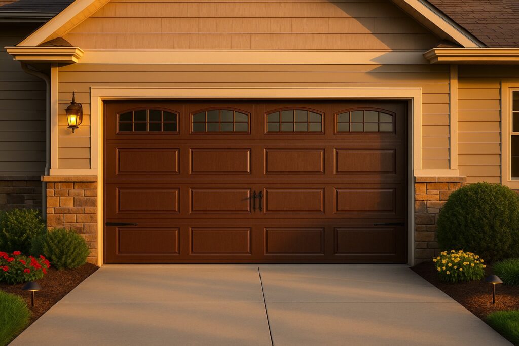 Choosing the Right Material for Your New Garage Door: Wood, Steel, or Aluminum? 2 Front view of a traditional-style new garage door with wood finish, decorative windows, and elegant hardware, framed by a well-maintained home exterior and landscaping.