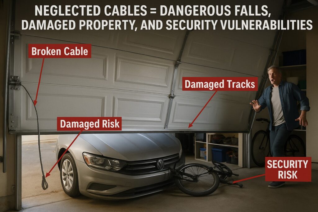 Garage Door Cable Replacement: Top Safety Precautions Homeowners Should Take 2 Broken garage door parts causing collapsed door, vehicle damage, and safety hazards from failed cables.