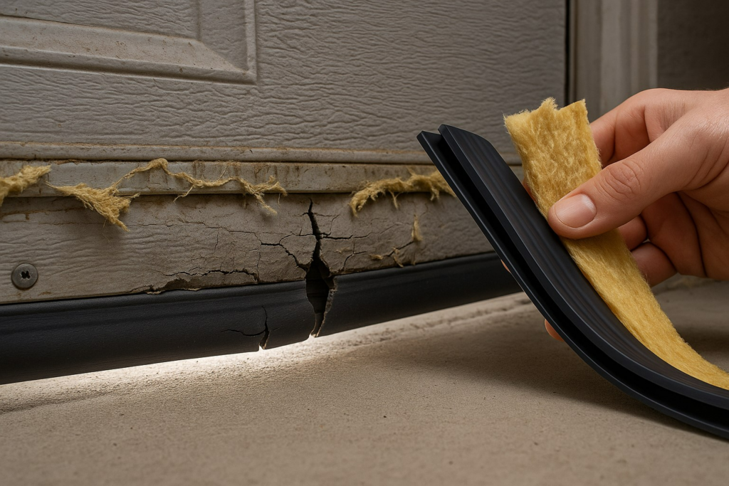 Hand holding insulation and seal near cracked garage door bottom, highlighting need for garage door repairs.