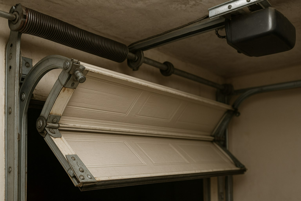 Misaligned garage door stuck on tracks, showing need for professional garage door repairs.