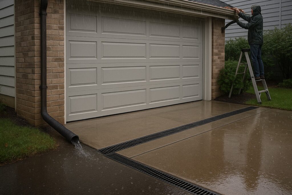 Home with effective drainage system protecting driveway and helping to repair garage door water damage issues.