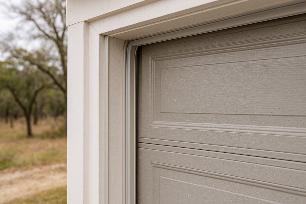 Garage door weather stripping on top and side seals protecting against rain and drafts.
