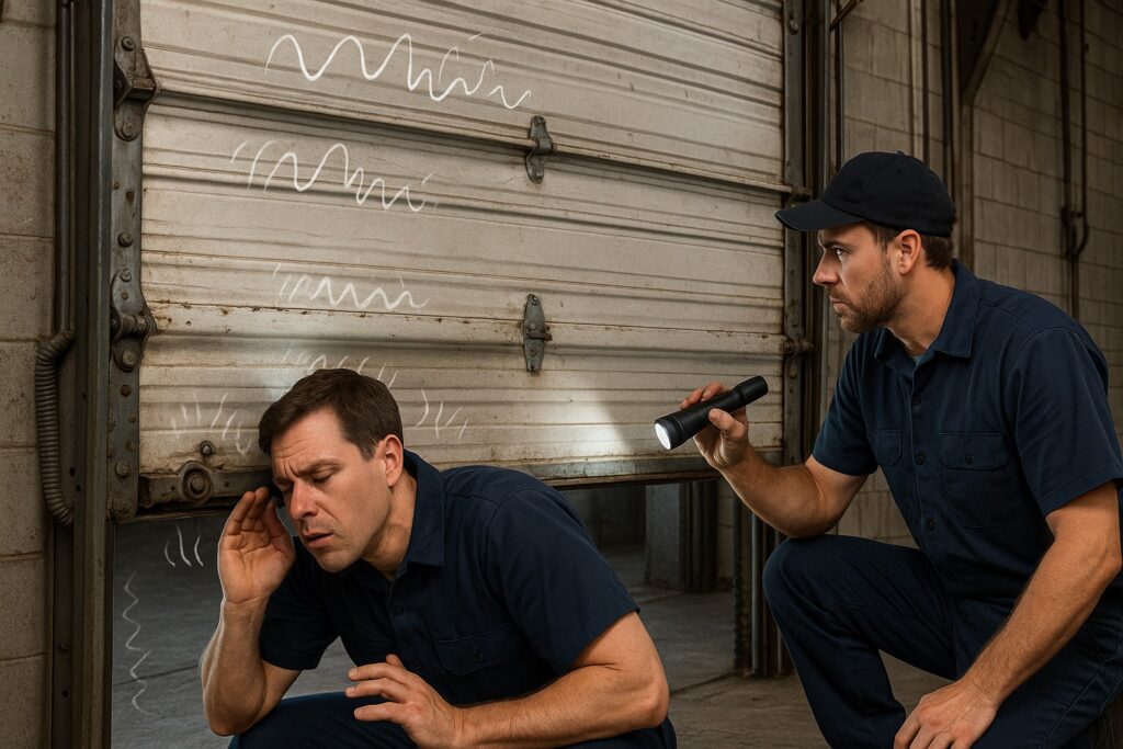Technicians inspecting a noisy door during a commercial garage door repair service.