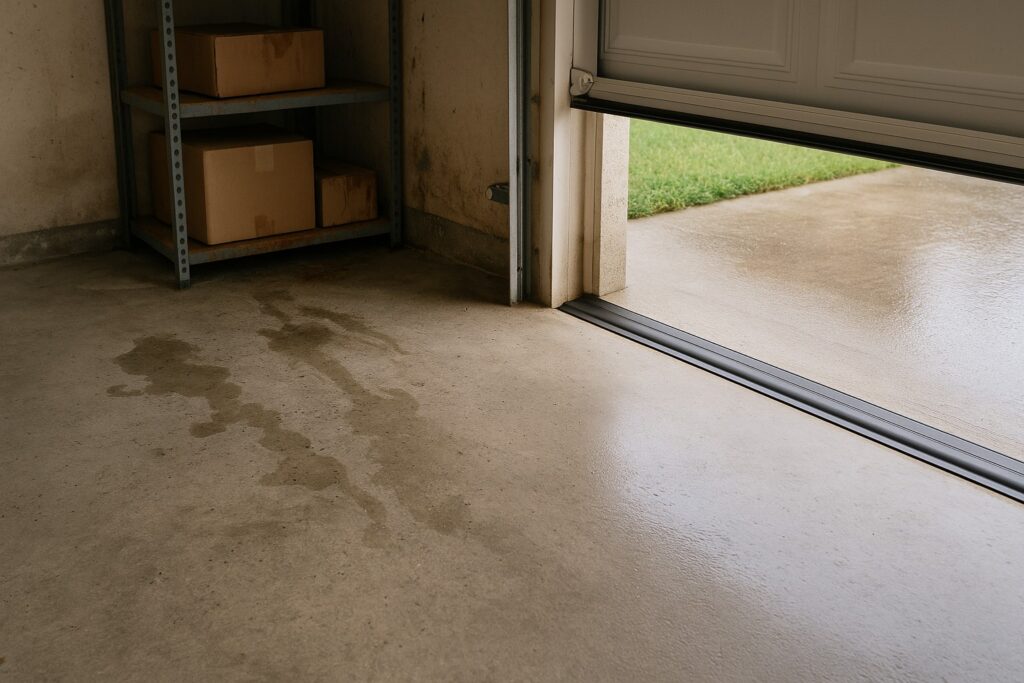 Garage door weather stripping with threshold seal preventing water leaks inside the garage.