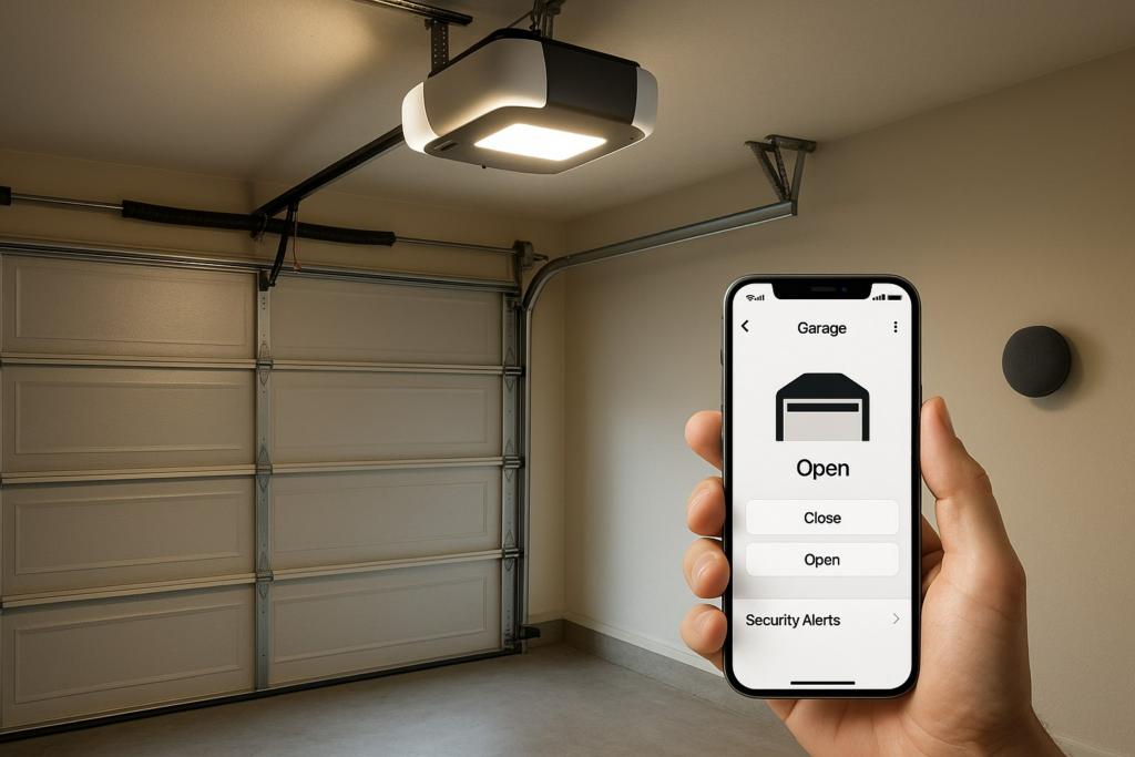 Smartphone app controlling modern garage doors with automated opener.