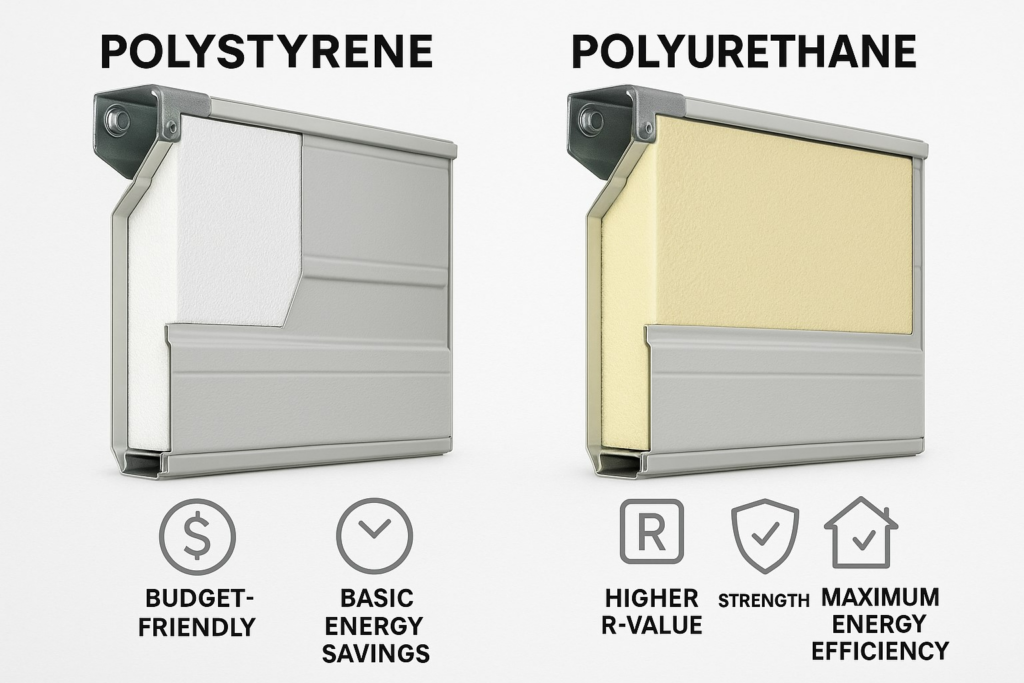 Insulation comparison for modern garage doors showing polystyrene vs polyurethane panels.