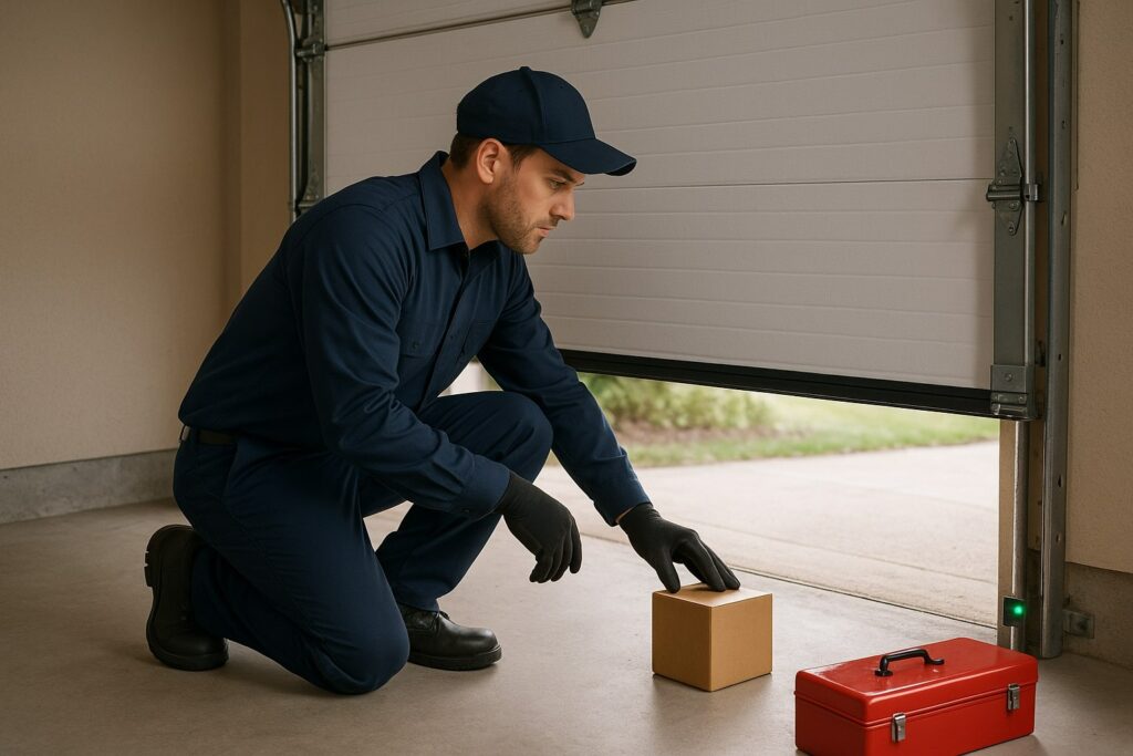 Reliable Garage Door Maintenance in Sugar Land, TX: Protect Your Investment 3 Technician performing garage door maintenance by testing safety sensors with an object to ensure proper automatic reversal.