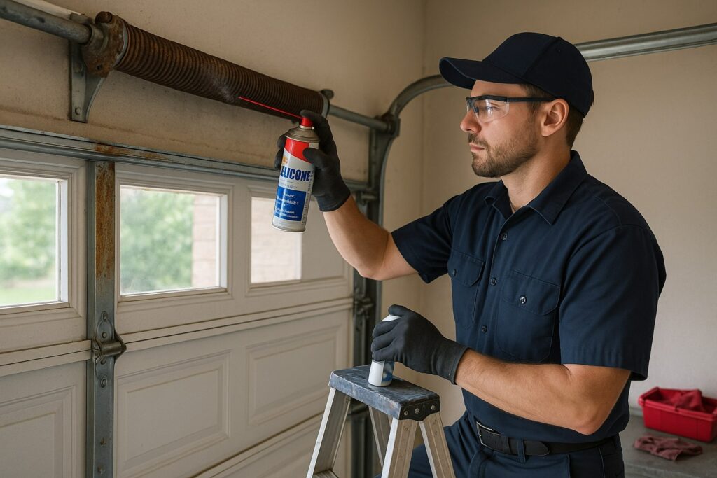 Reliable Garage Door Maintenance in Sugar Land, TX: Protect Your Investment 2 Technician performing garage door maintenance by applying silicone lubricant to torsion springs for smoother operation.