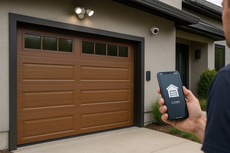 New garage door installation with smart features and safety enhancements, including sensors, remote access, auto-locking, and real-time monitoring for added security.
